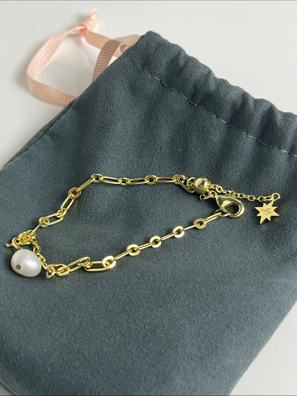Gold Link Bracelet with White Pearl Charm